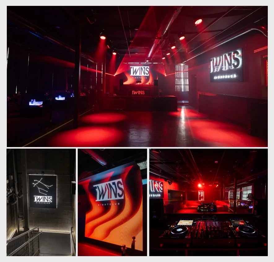 TWINS Nightclub red-lit interior and DJ booth